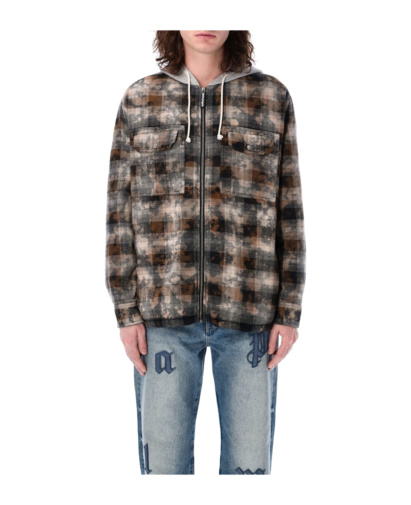 Palm Angels Curved Logo Check Padded Overshirt - GREY OFF WHITE