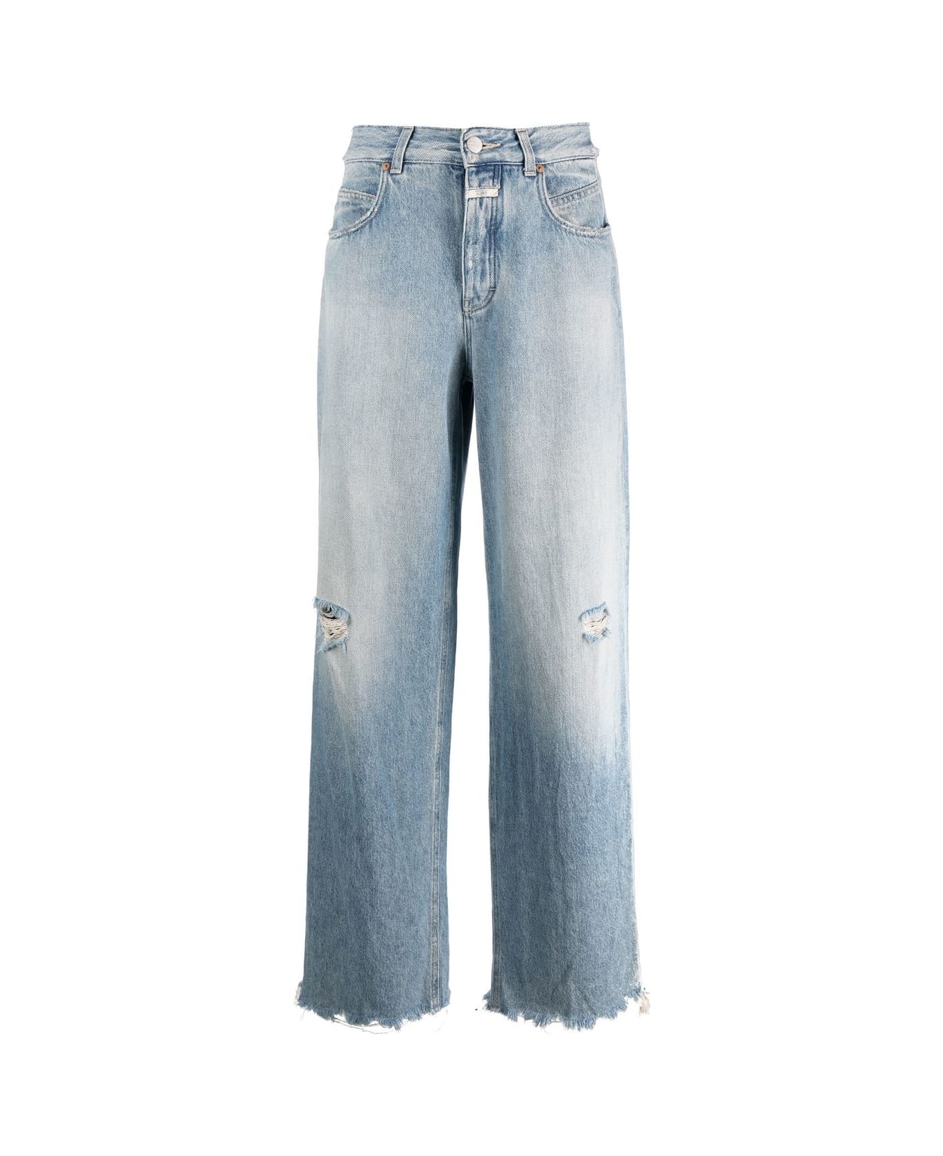 Closed 'nikka' Light Blue Wide Leg Jeans With Rips And Logo Patch In Recycled Cotton Denim Woman - Light blue