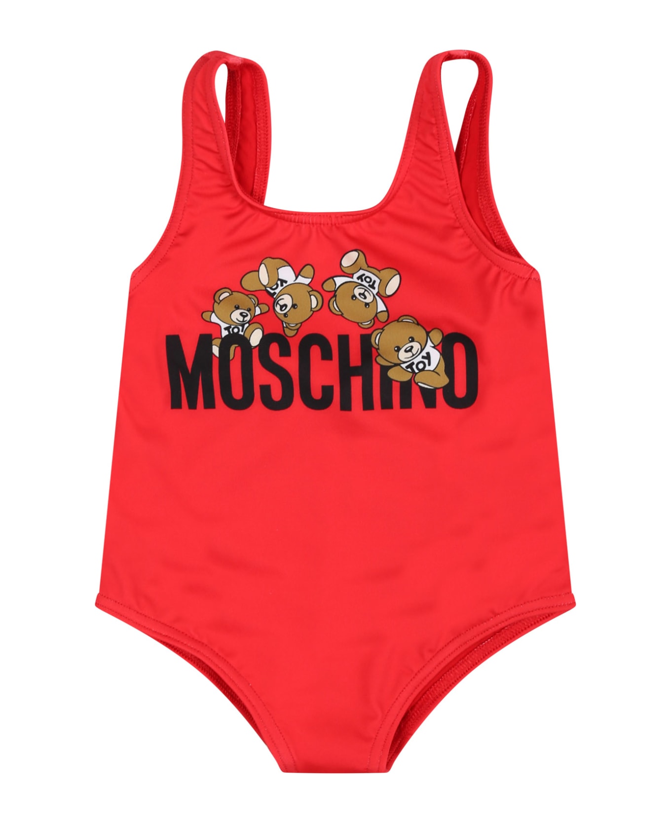 Moschino Red One-piece Swimsuit For Baby Girl With Logo And Teddy Bear - Red