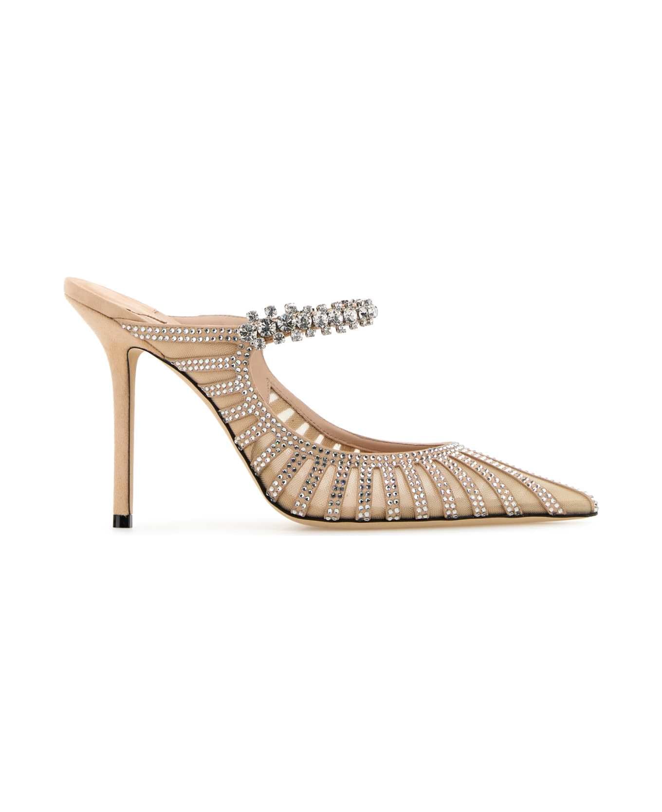 Jimmy Choo Embellished Leather And Mesh Bing 100 Mules - MACARONMIX