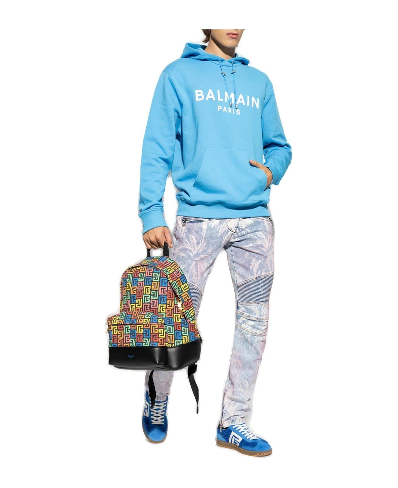 Balmain Palm Tree Printed Denim Biker Jeans - BLUE/PURPLE デニム