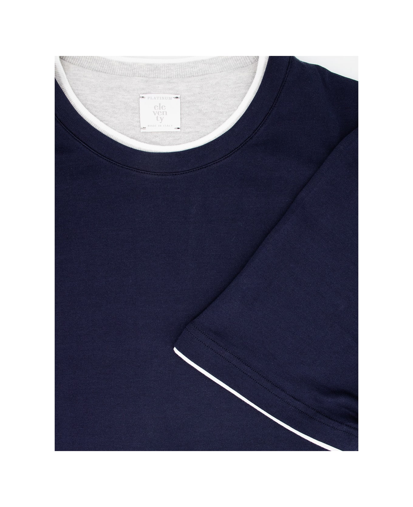 Eleventy Black Crewneck T-shirt With Layered Collar In Cotton Man - BLU/GRIGIO/BIANCO