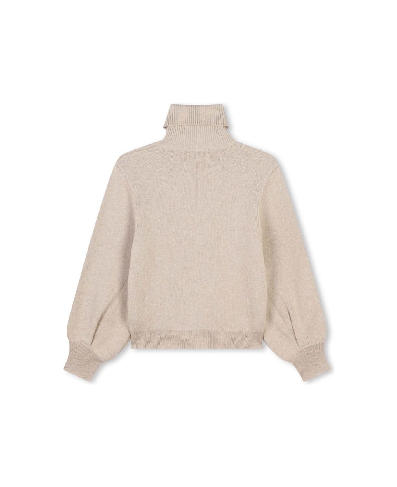Chloé Beige High Neck Sweater With Embroideries In Cotton And Wool Girl - Beige