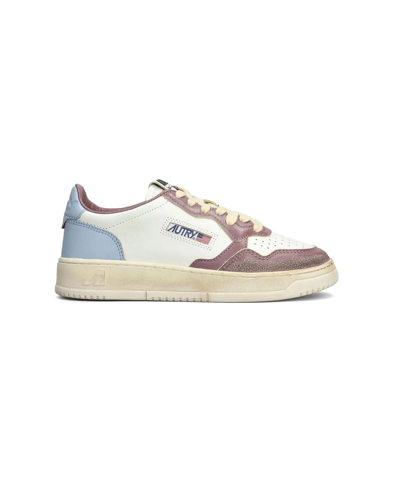 Autry Super Vintage Medalist Low Sneakers In White, Celestial Blue And Taupe Leather