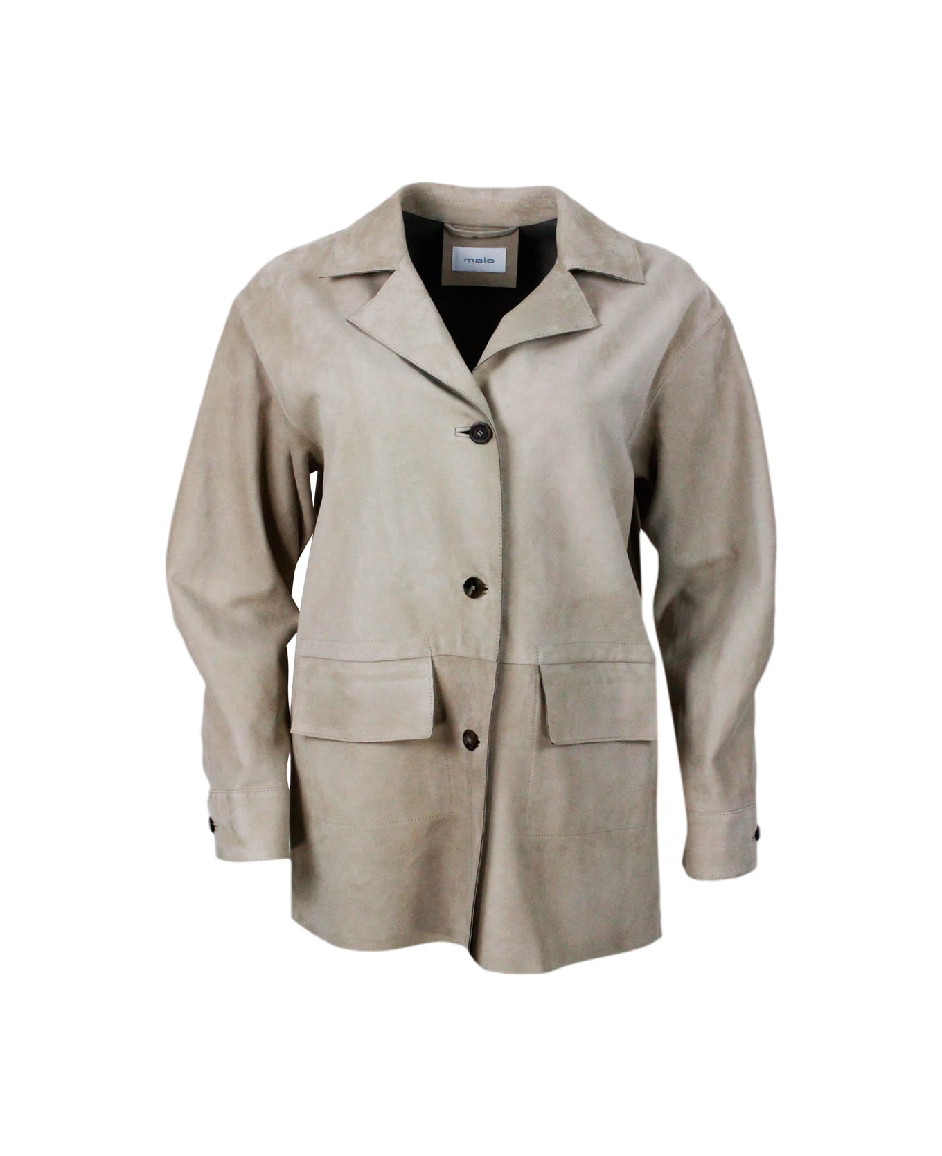 Malo Relaxed Fit Soft Suede Jacket With Patch Pockets And Three-button Closure. - Beige