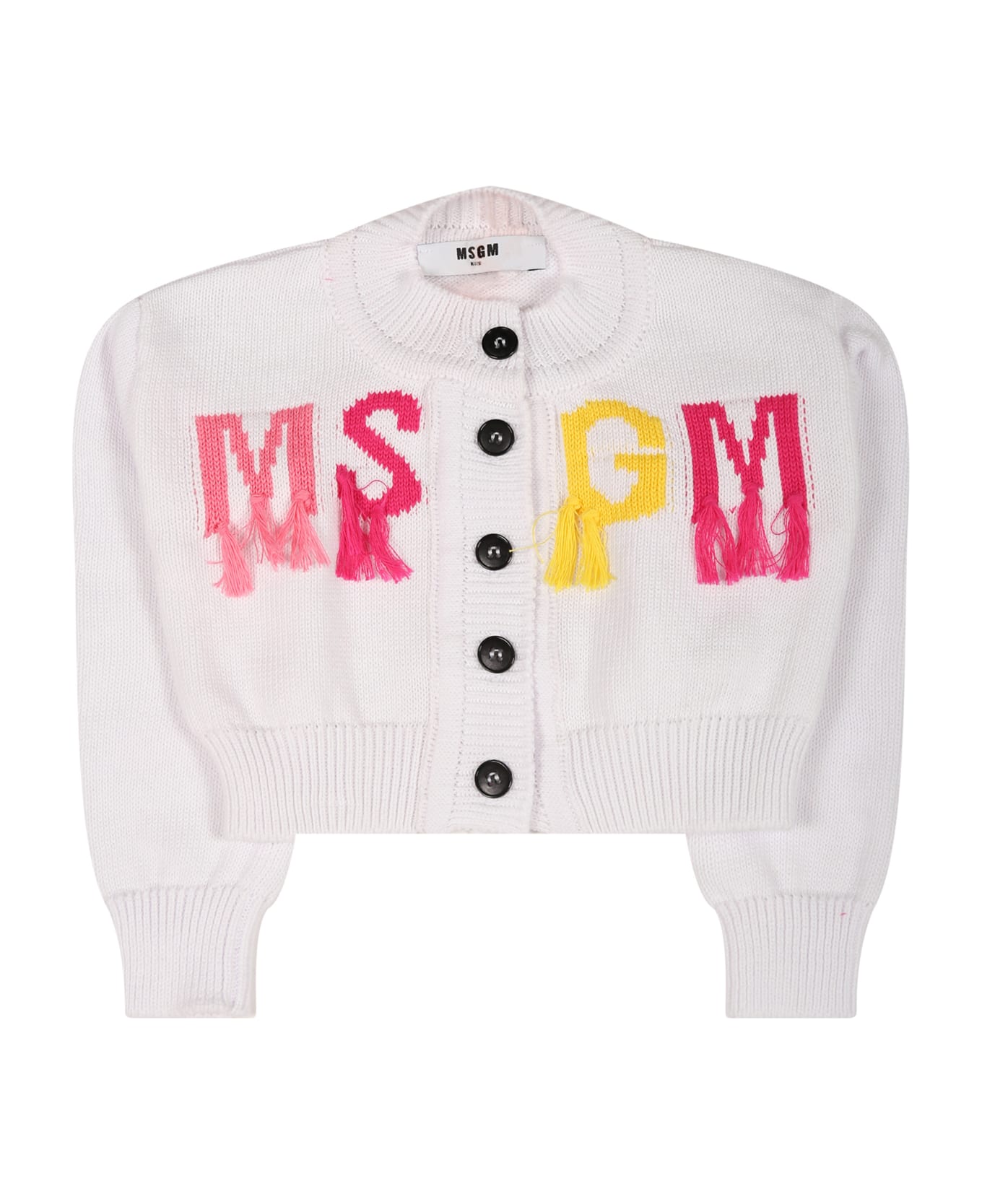 MSGM White Cardigan For Baby Girl With Multicolor Logo - White