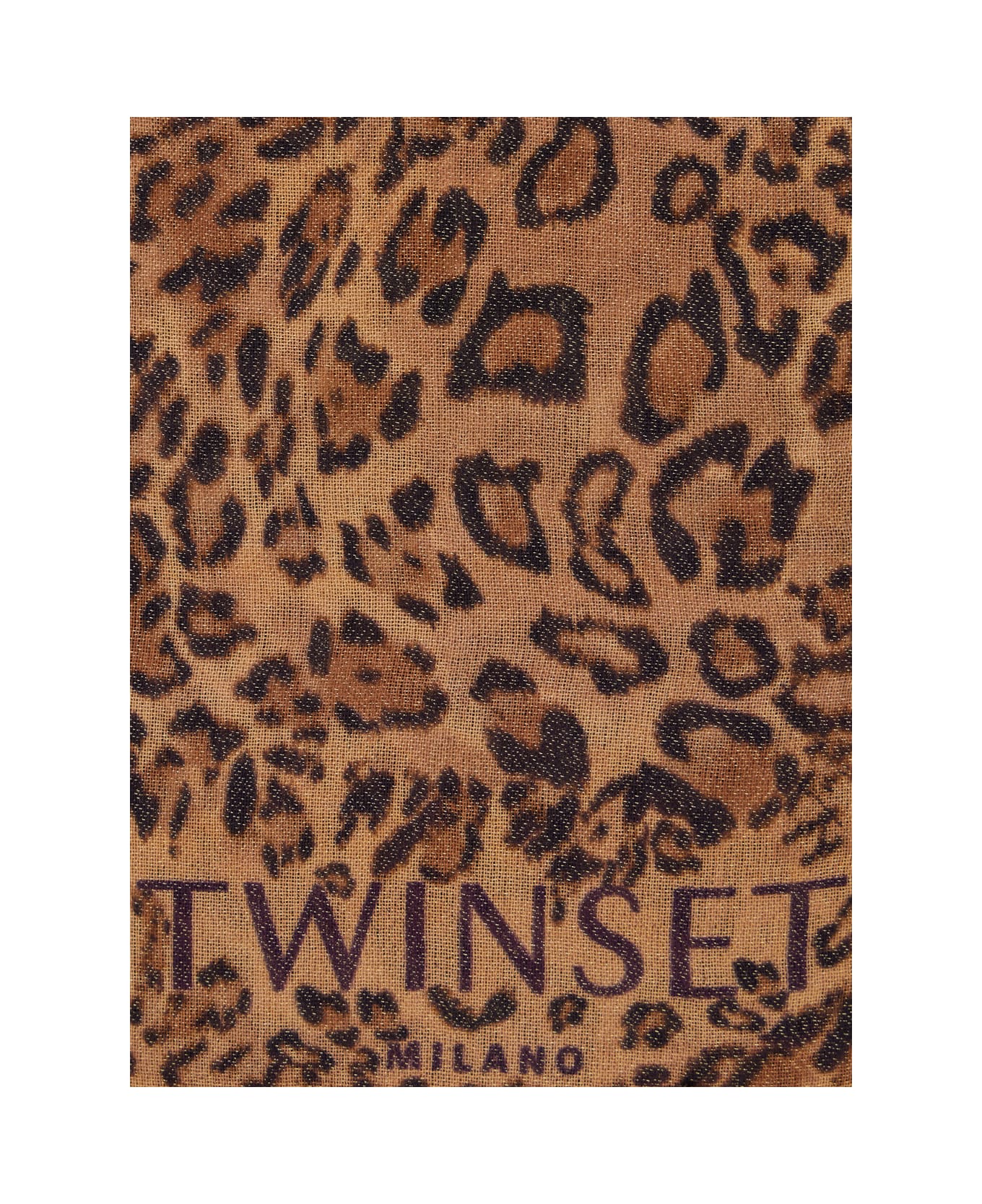 TwinSet Brown Rectangular Scarf With Animal Print In Modal Blend Woman - Brown