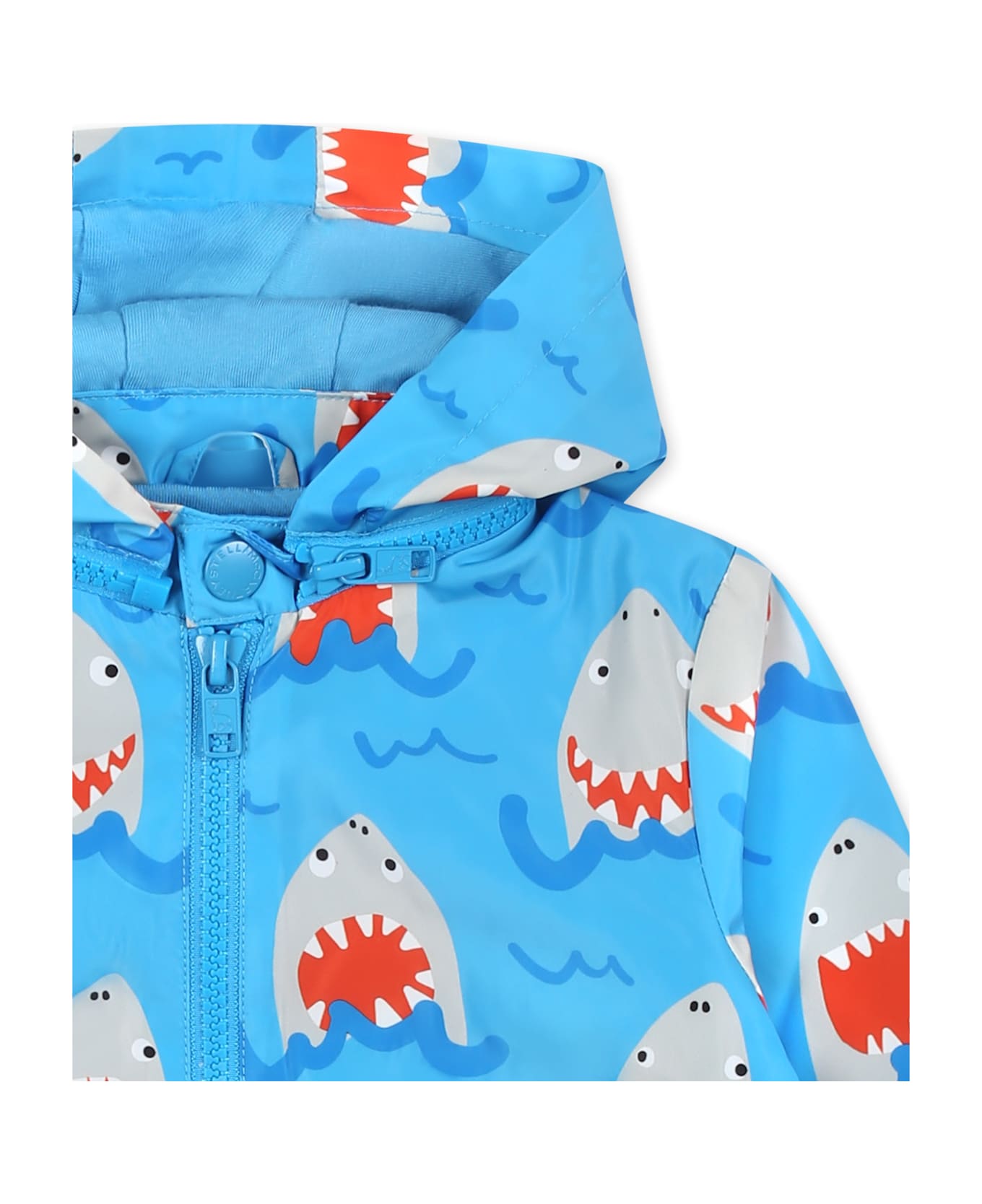 Stella McCartney Kids Blue Windbreaker Jacket For Baby Boy With Shark Print - Blue