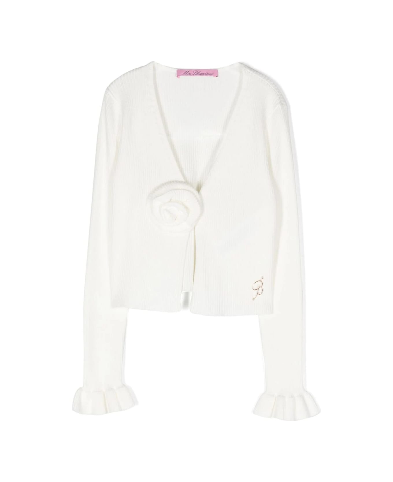Miss Blumarine White Ribbed Cardigan With 3d Rose - White