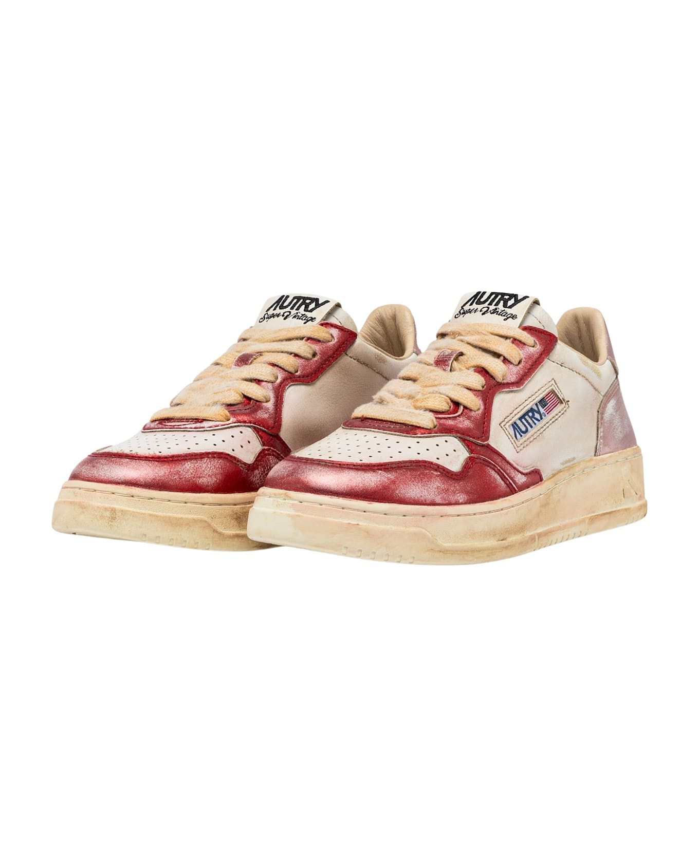 Autry Sup Vint Low Metal Leat - White, Red, pink