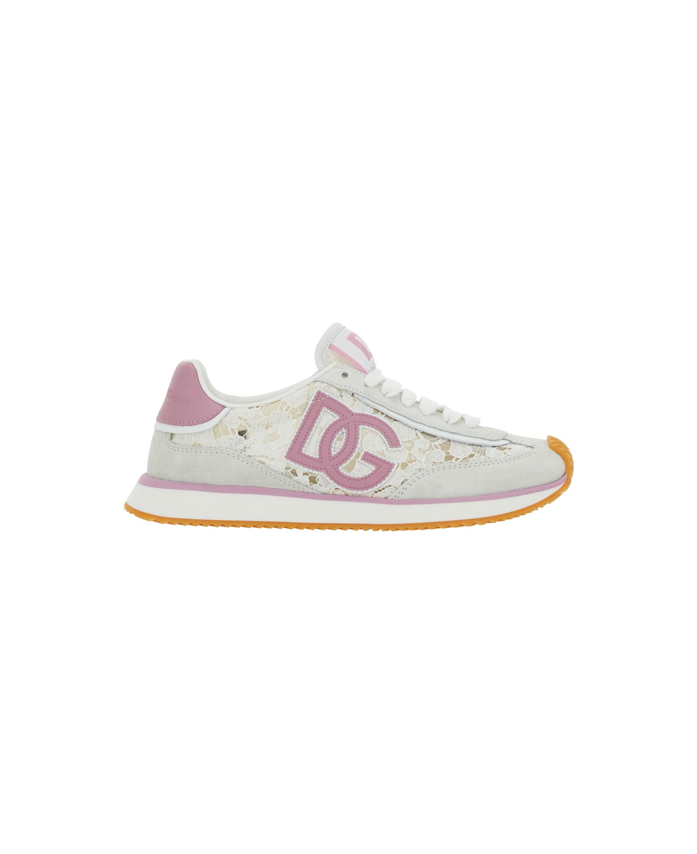 Dolce 
Gabbana White Low Top With Lace Details And Dg Patch On The Side In Fabric And Suede Blend Woman - White