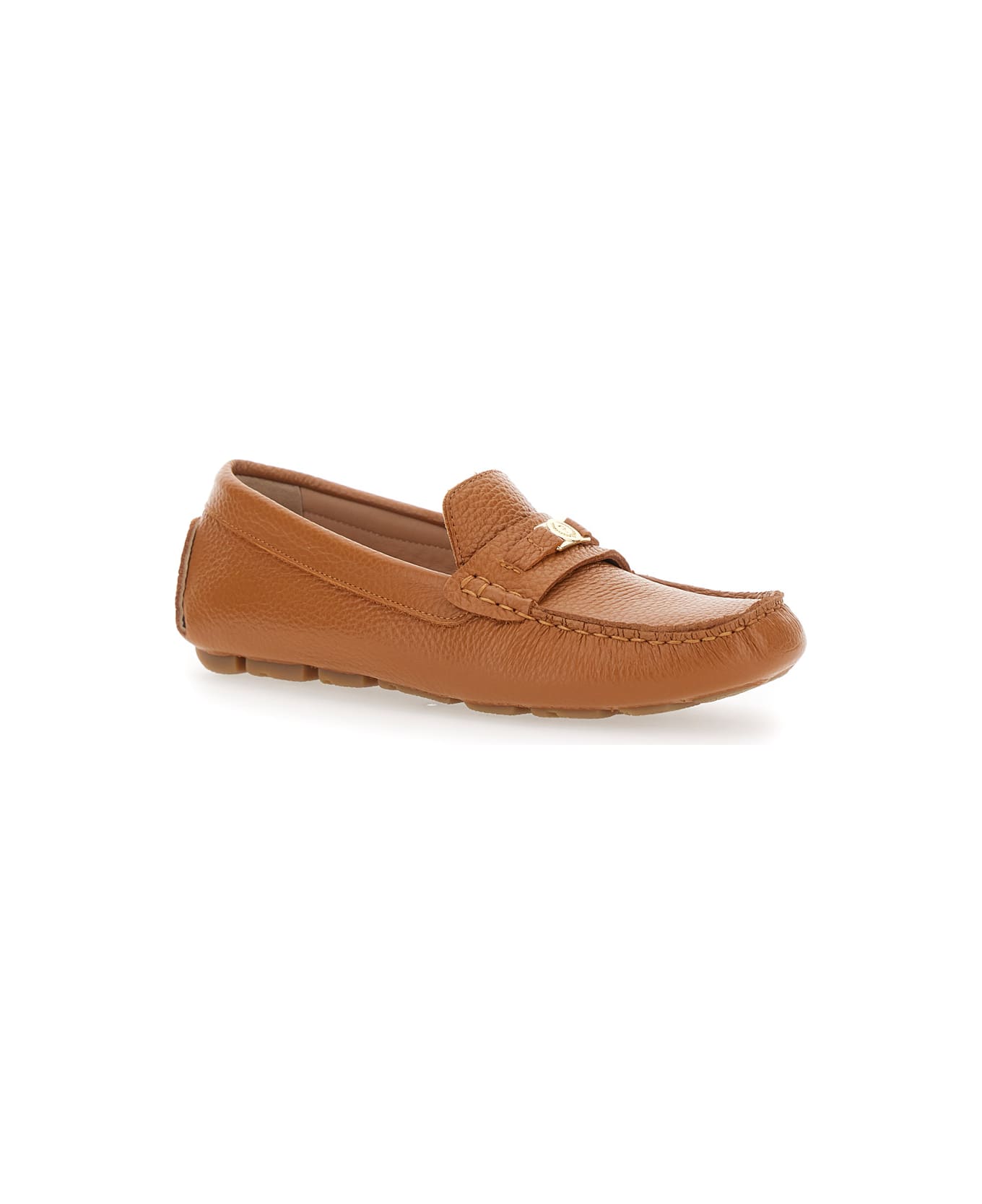 Pollini Brown Loafers With Logo Plaqe On The Front In Grained Leather Woman - Brown
