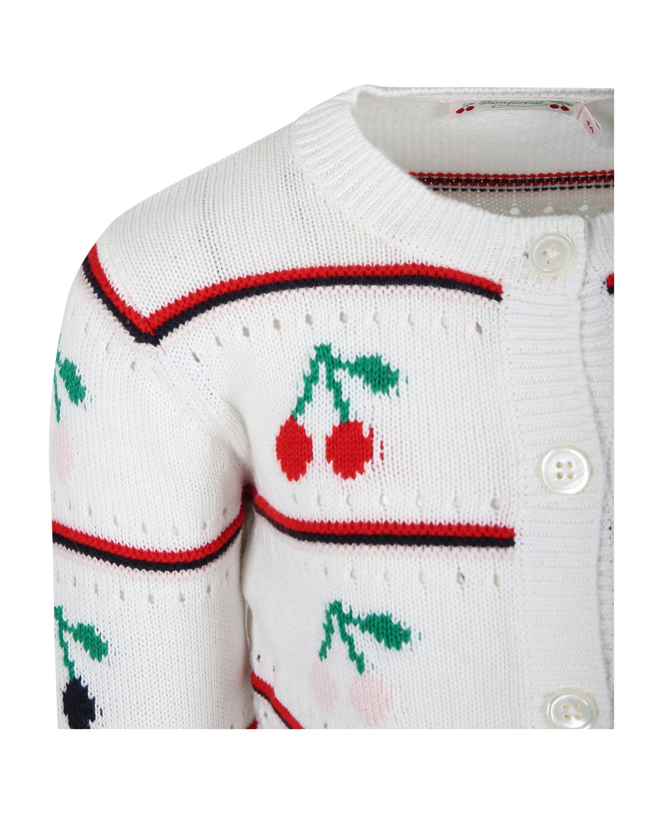 Bonpoint White Cardigan For Girl With Embroidered Cherries - Upb Blanc Lait