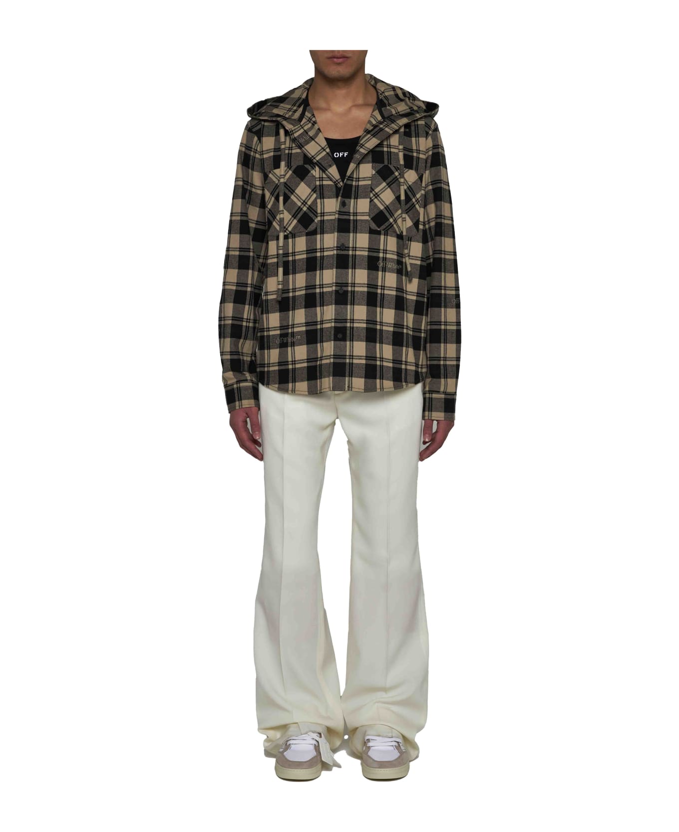 Off-White Flanel Hooded Check Shirt - Beige black no color
