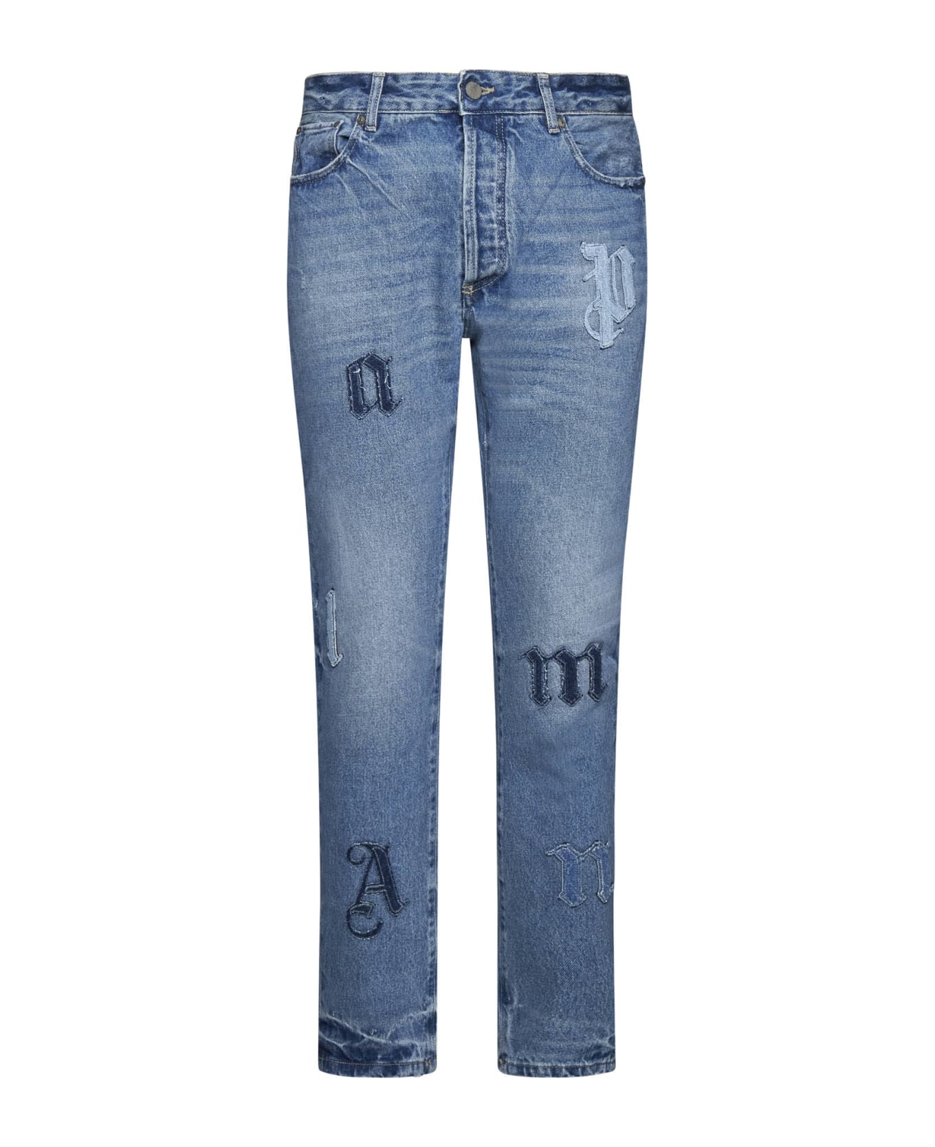 Palm Angels Cotton Denim Jeans With Logo Patch - Light blue