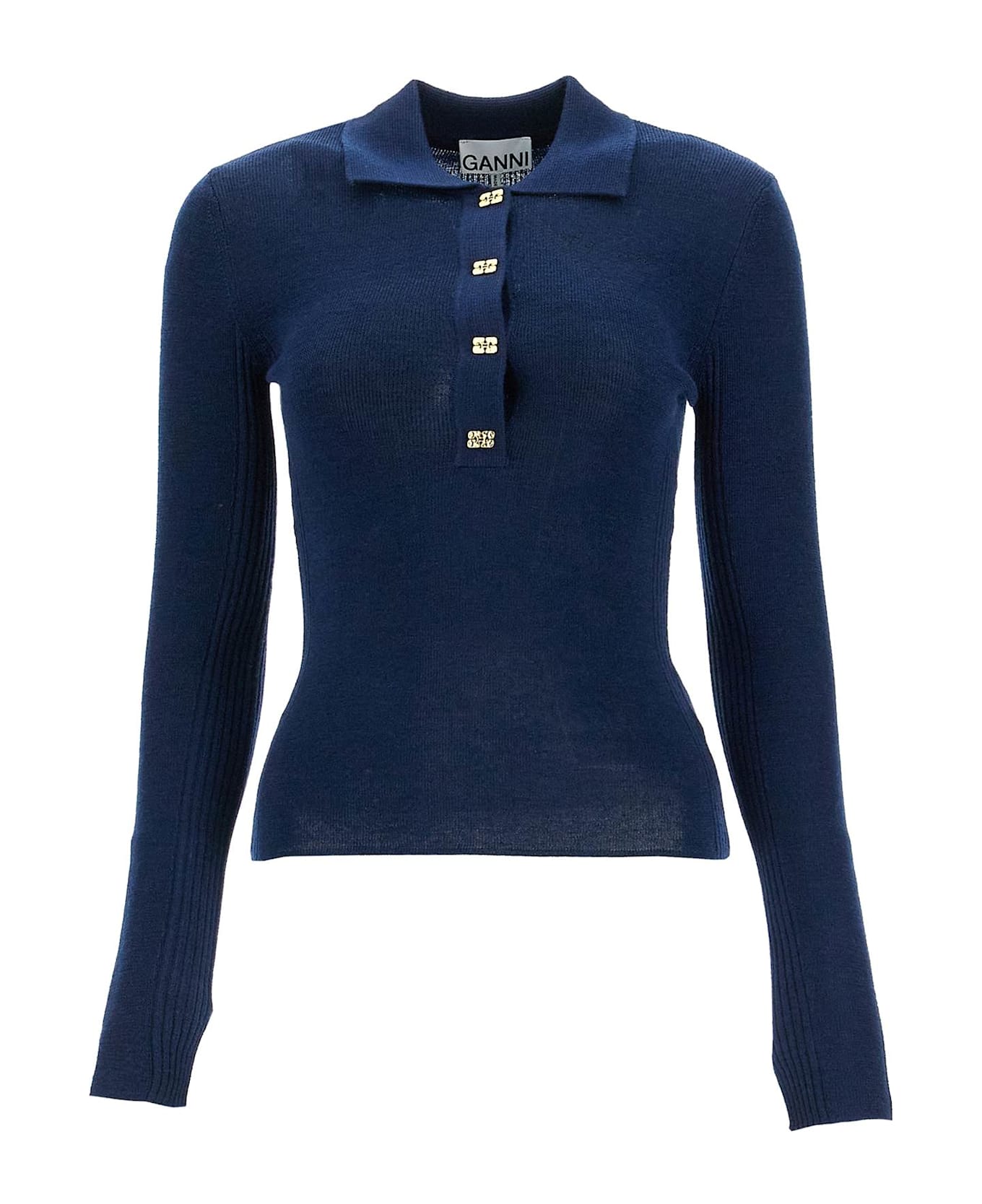 Ganni Long-sleeved Merino Wool Polo Shirt - SKY CAPTAIN (Blue)