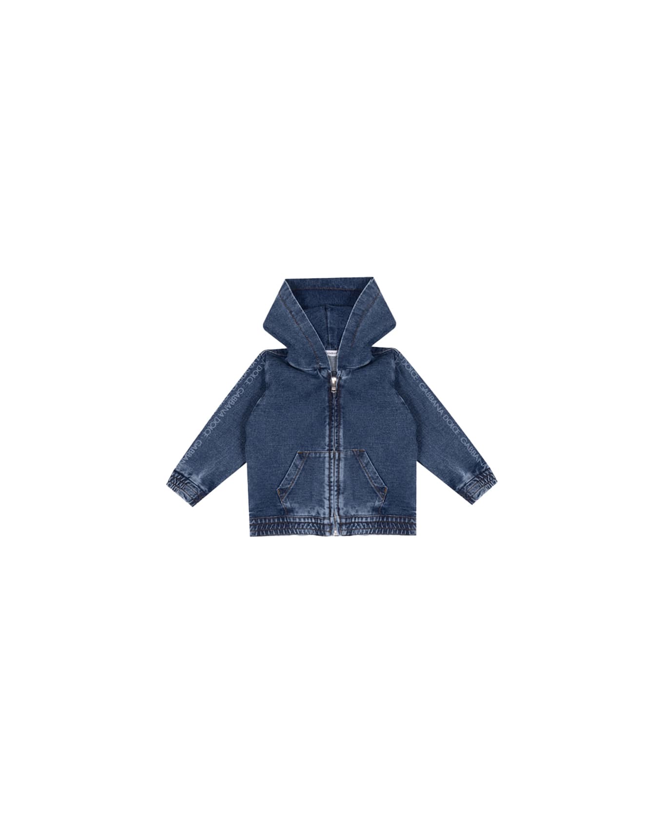 Dolce & Gabbana Blue Denim Zip-up Hoodie With Logo On Sleeves - Blue