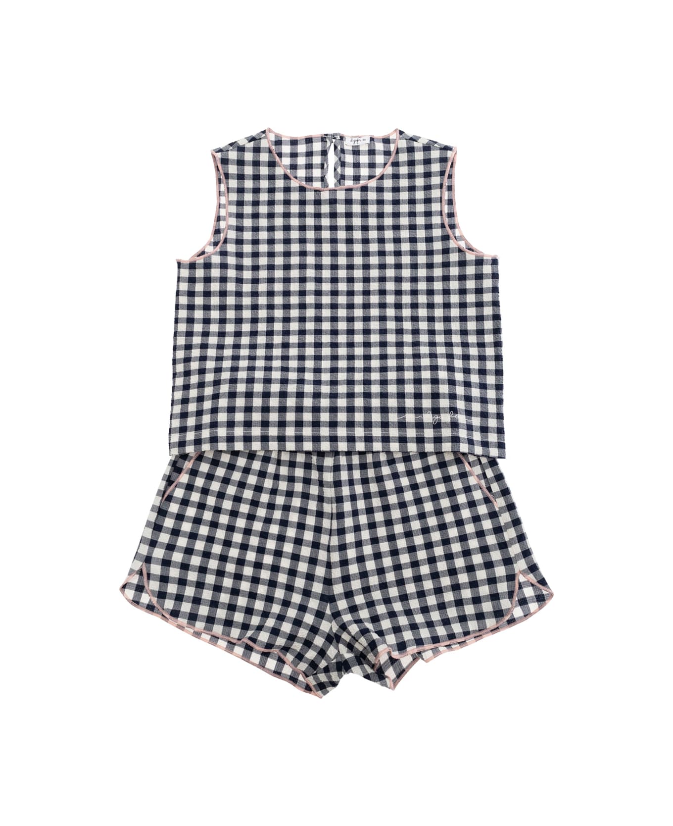 Il Gufo Blue Sleeveless Crewneck Set With All-over Check Motif In Cotton Stretch Girl - Blu