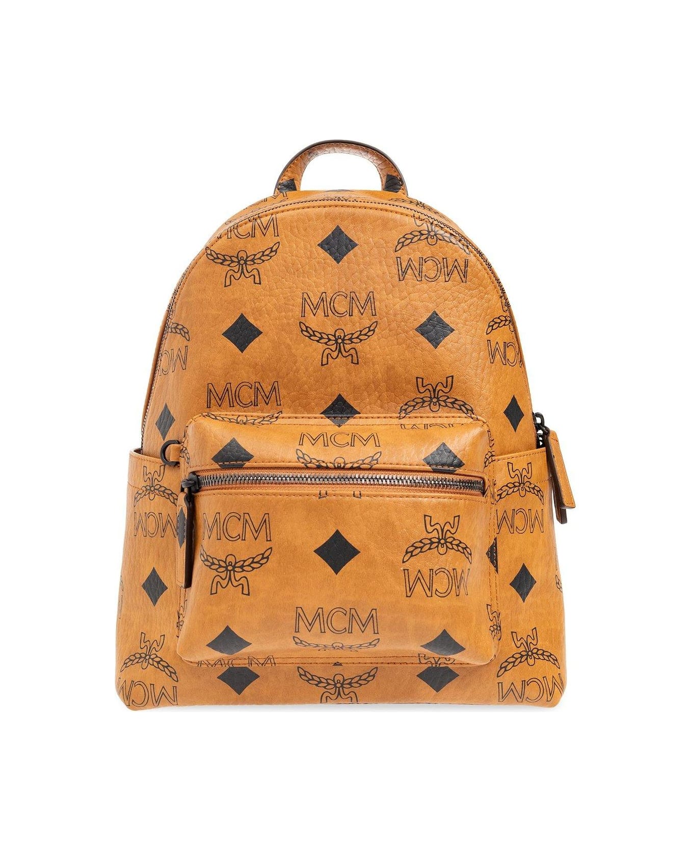 MCM All-over Logo Printed Zipped Backpack - BROWN/BLACK