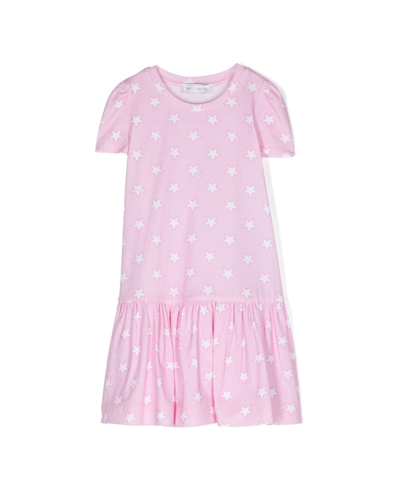 Monnalisa Pink Dress With All-over Star Print In Stretch Cotton Girl - Pink ワンピース＆ドレス