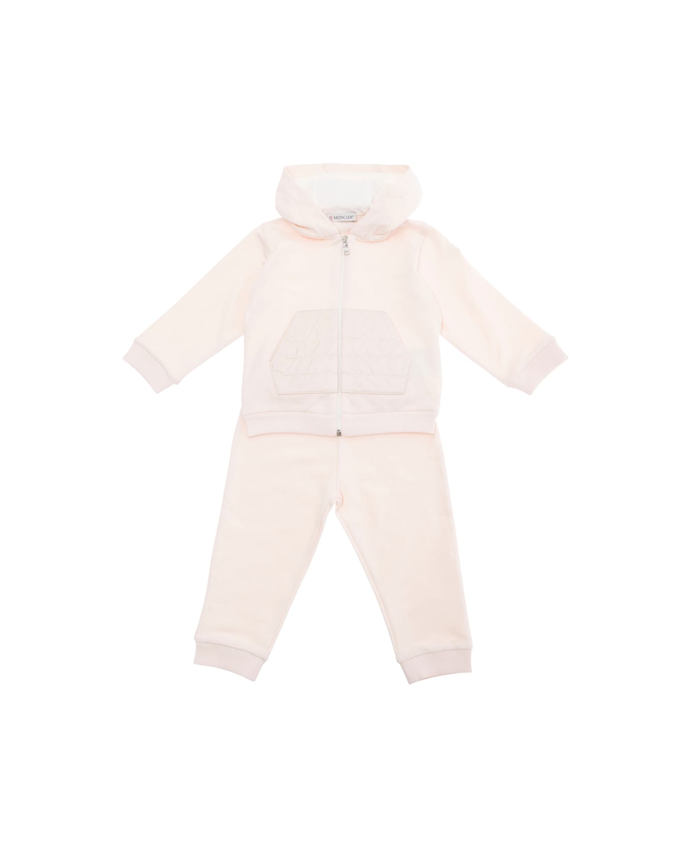 Moncler Pink Suit With Hood And Lettering Logo Embroidered On The Front In Cotton Baby - Pink