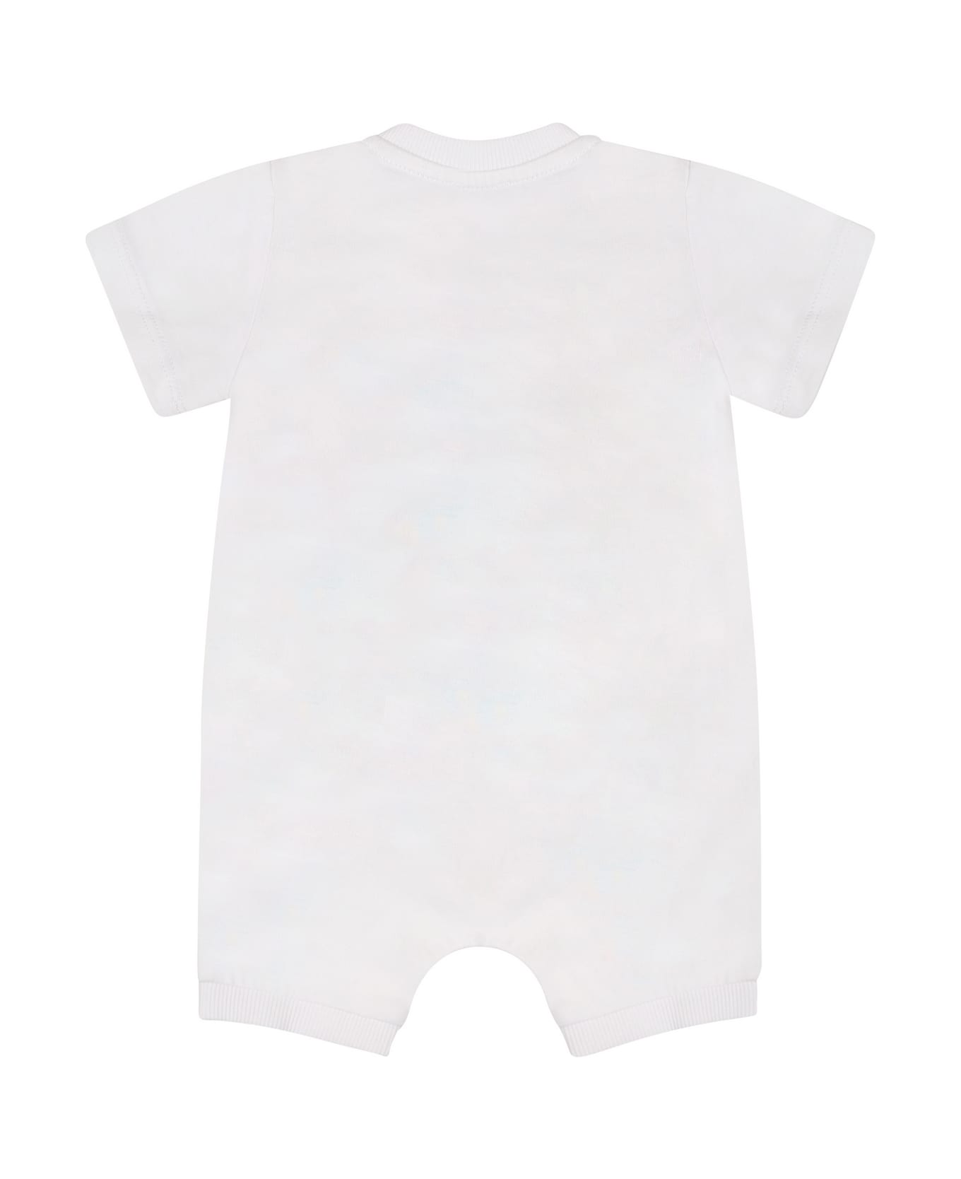 Moschino White Romper For Bbay Kids With Logo And Print - White ボディスーツ＆セットアップ