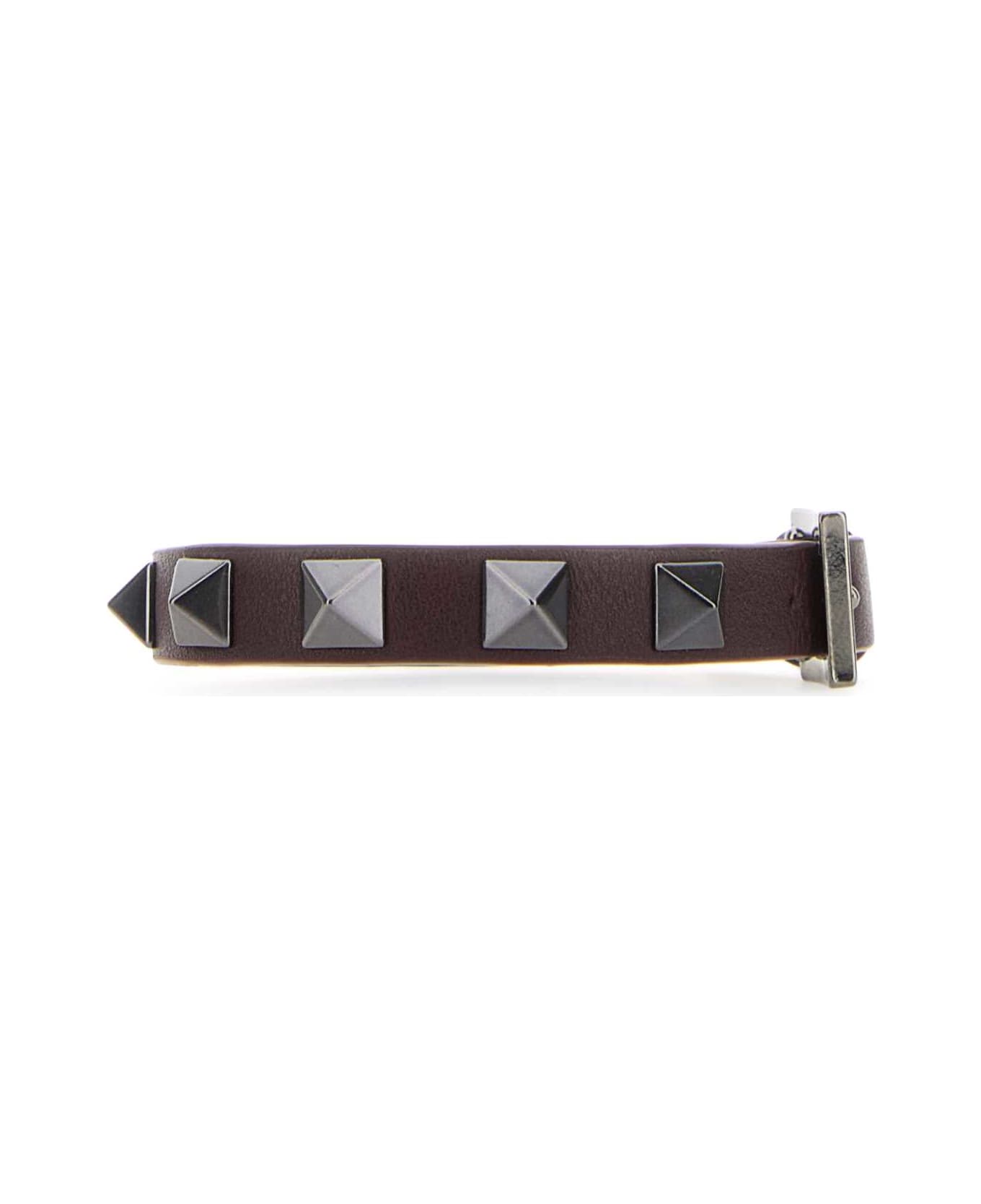 Valentino Garavani Dark Brown Leather Rockstud Bracelet - RUBIN