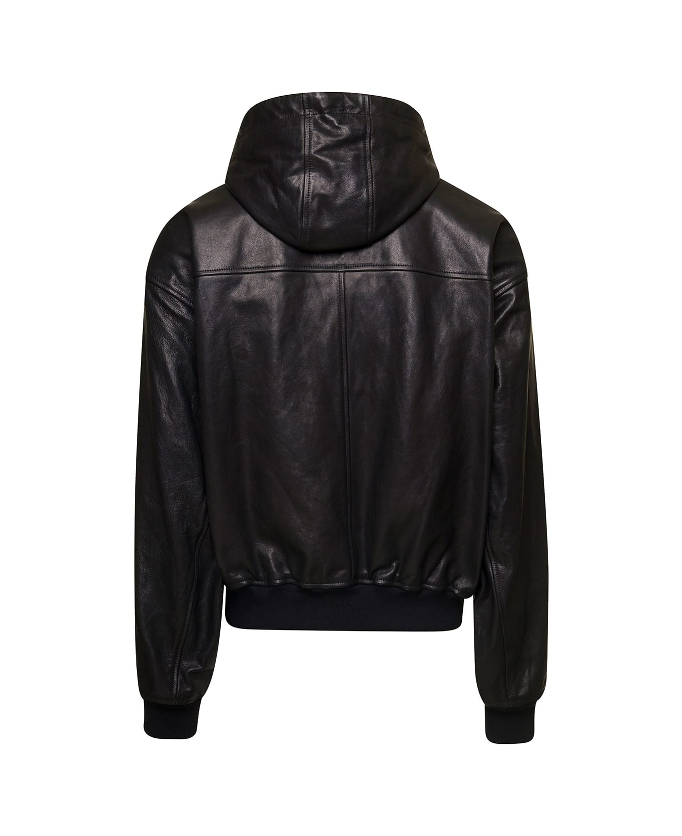 Dolce & Gabbana Black Hooded Bomber Jacket With Metal Logo Tag In Leather Man - Black