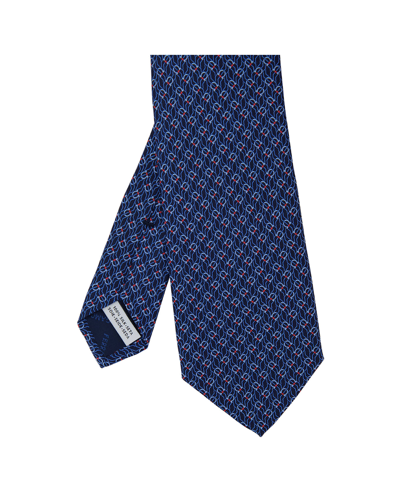 Ferragamo Blue Tie With Gancini Print In Silk Man - Navy