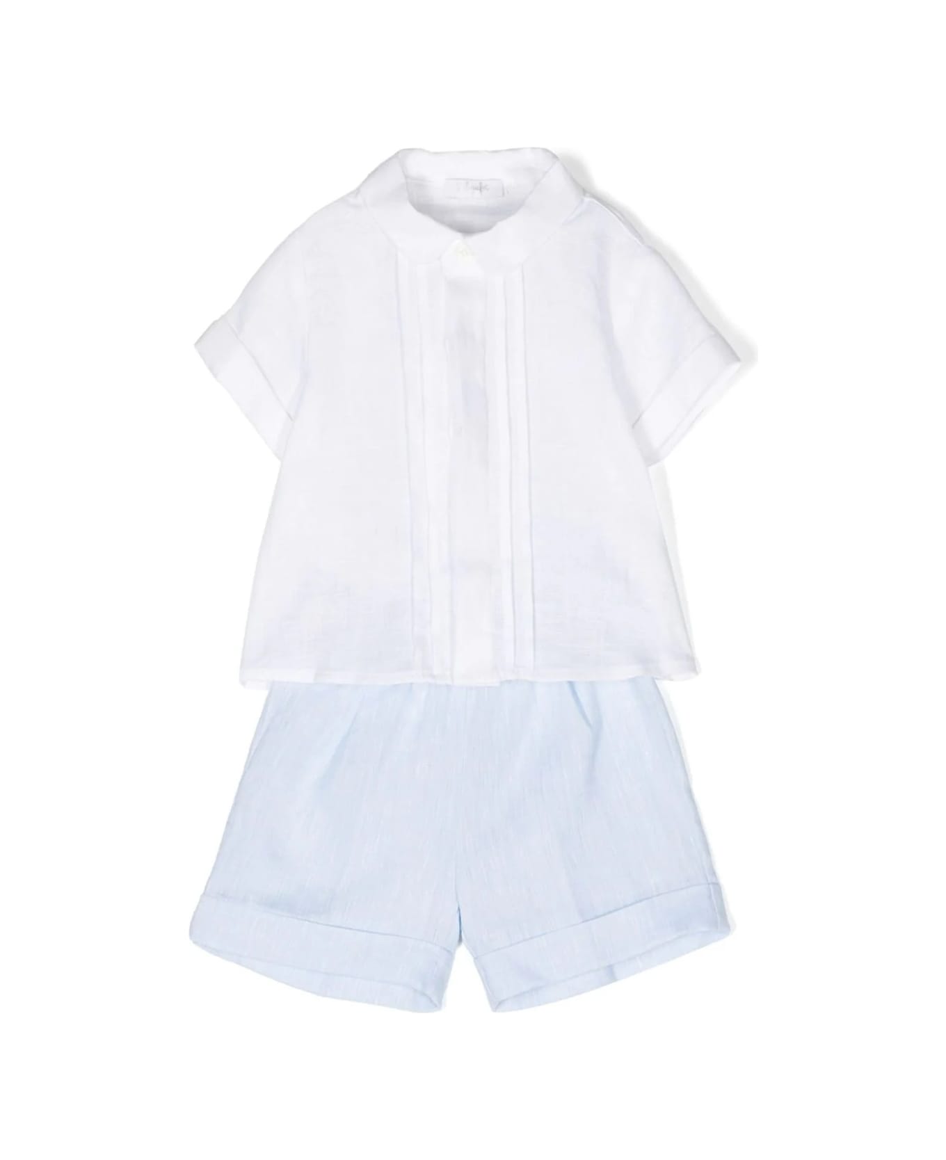 Il Gufo Two Piece Linen Set In White And Light Blue - Blue ボディスーツ＆セットアップ