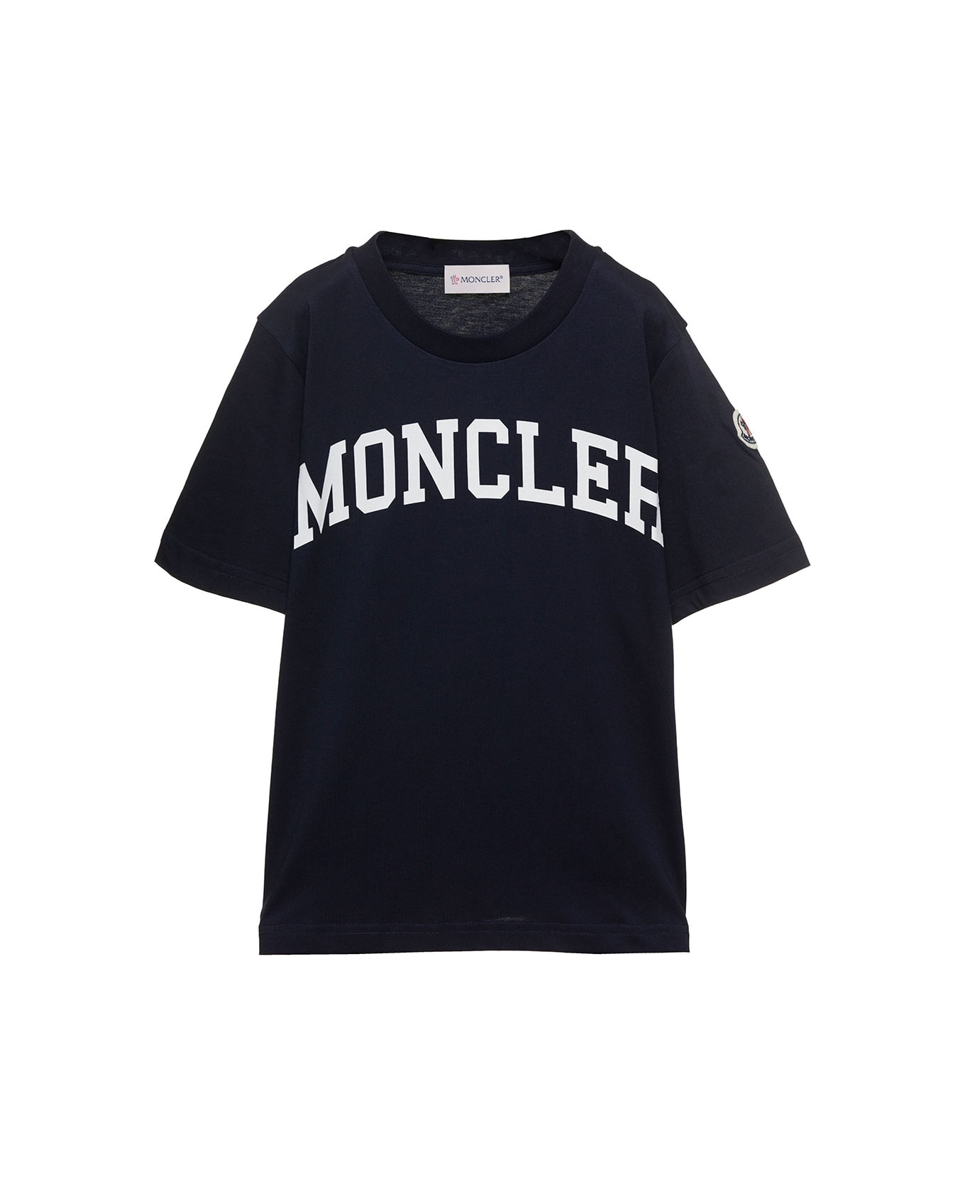 Moncler Dark Blue T-shirt With Logo Print And Patch In Cotton Boy - Blu