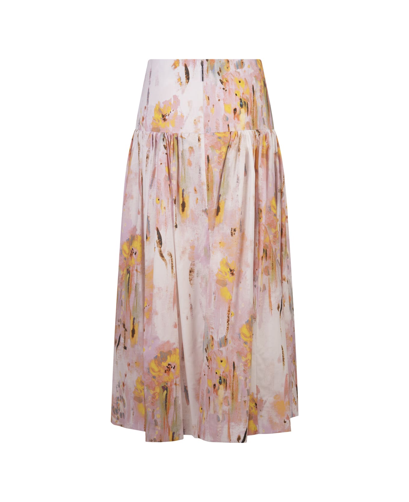 MSGM Flared Midi Skirt In Poplin With "artsy Flower" Print - Pink スカート
