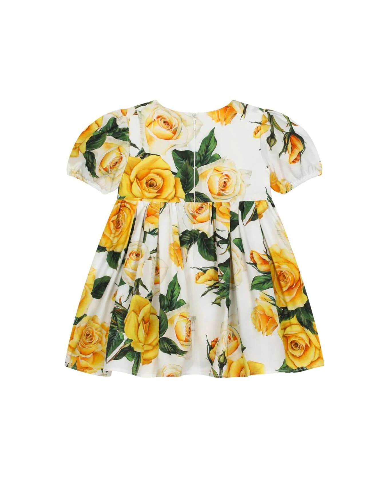 Dolce & Gabbana Yellow Rose Print Poplin Short-sleeved Dress - Yellow