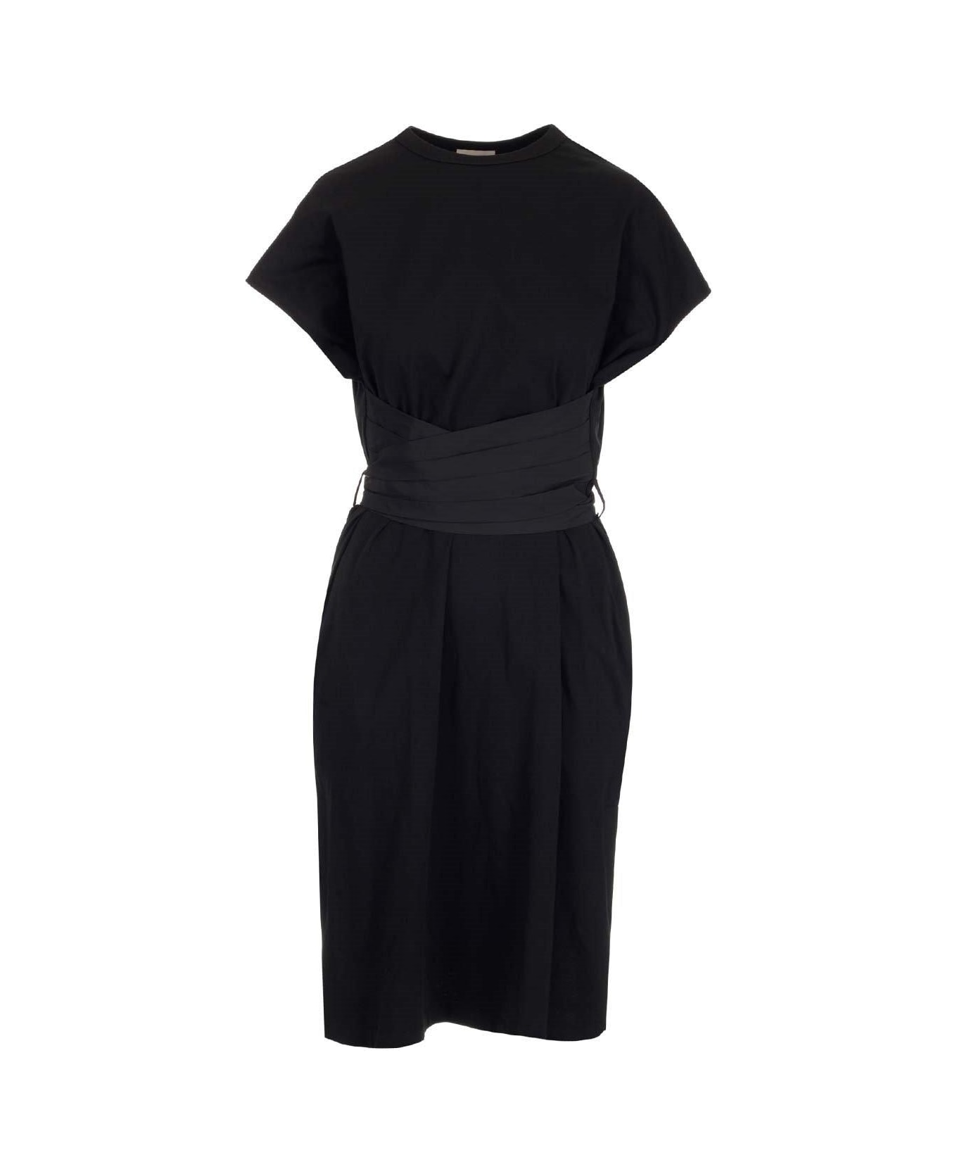 Moncler Belted Short Sleeved Crewneck Midi Dress - BLACK