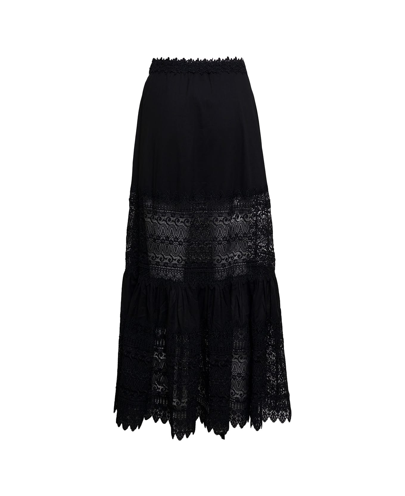 Charo Ruiz 'viola' Black Flounced Skirt With Lace Inserts In Cotton Blend Woman - Black