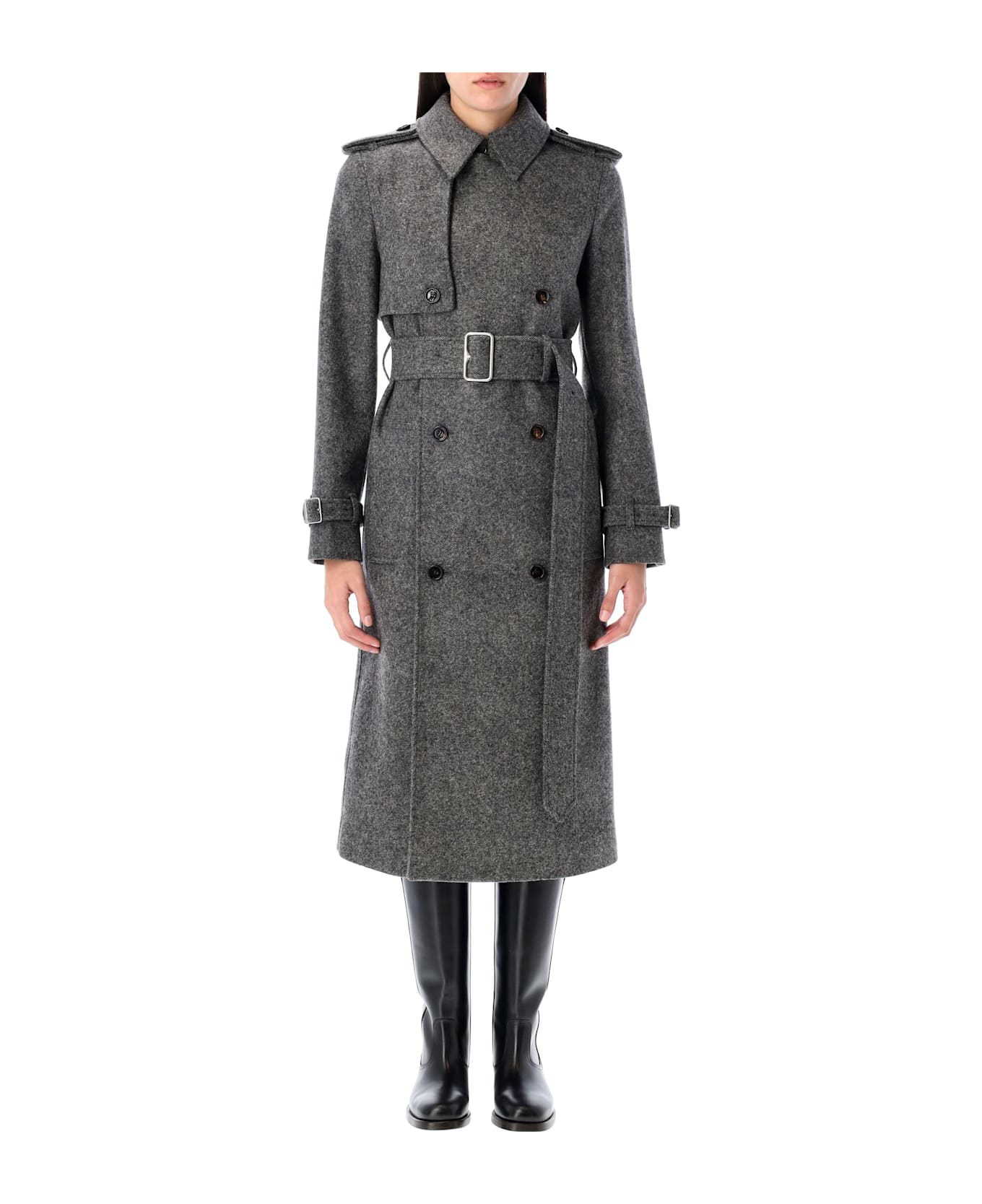 Burberry London Long Wool Trench Coat - GREY MELANGE