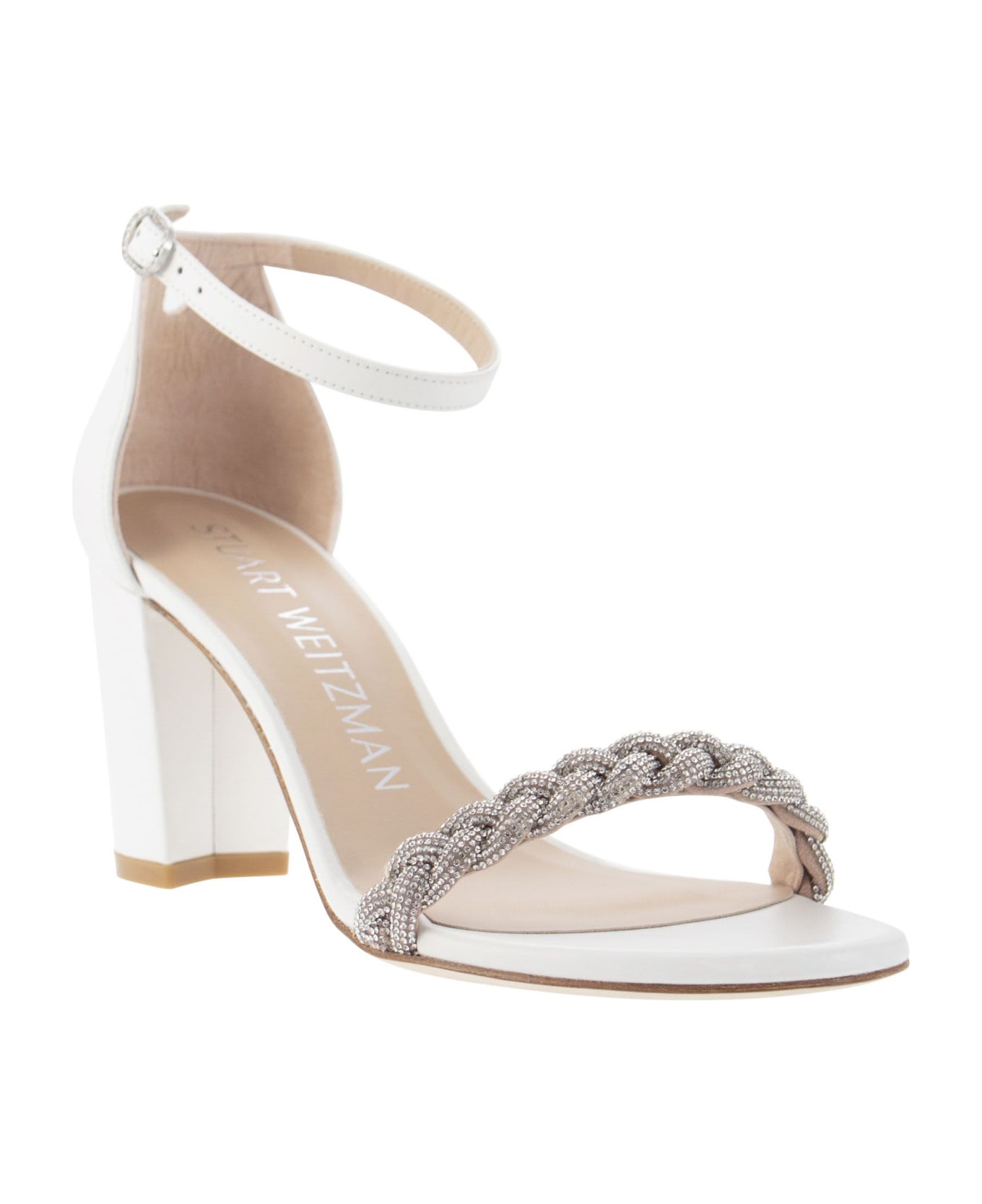 Stuart Weitzman Nearlynude Highshine - Open Sandal With Jewel - White