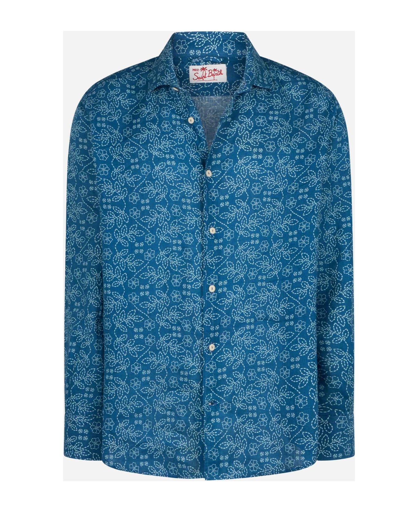 MC2 Saint Barth Navy Blue Linen Shirt Pamplona With Sashiko Print - BLUE