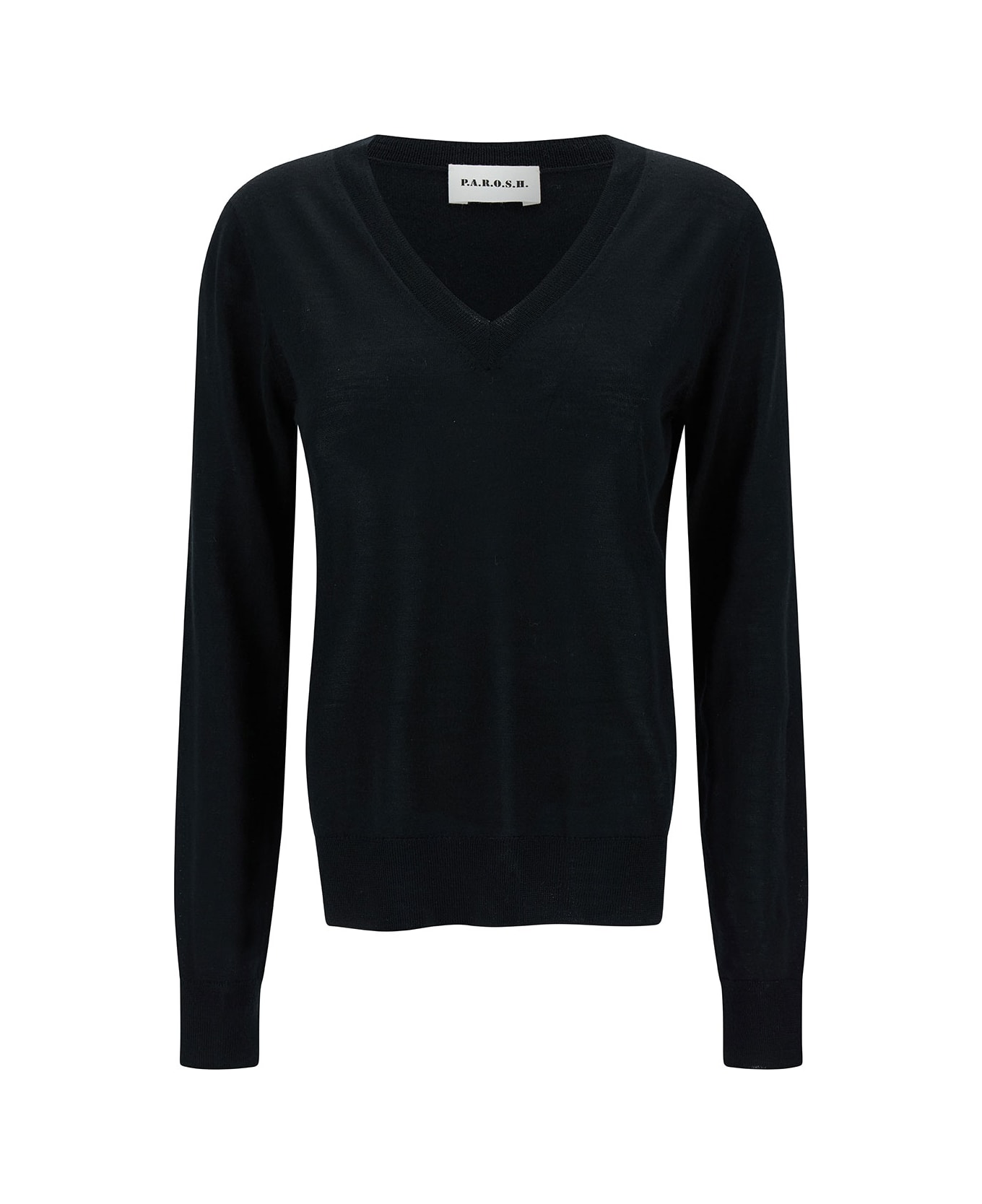 Parosh Black Pullover With V Neckline And Ribbed Trim In Wool And Silk Blend Woman - Black