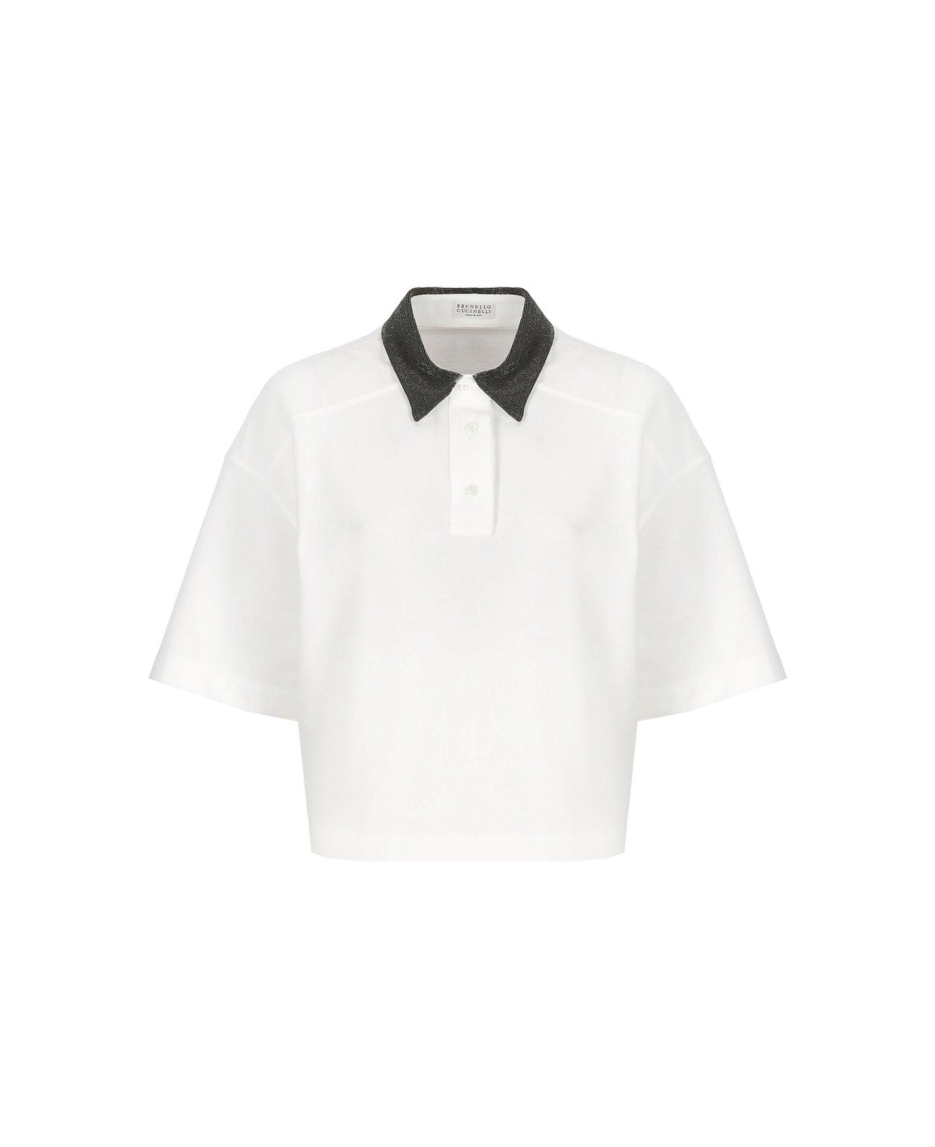 Brunello Cucinelli Jewelled Collar Polo Shirt - White ポロシャツ