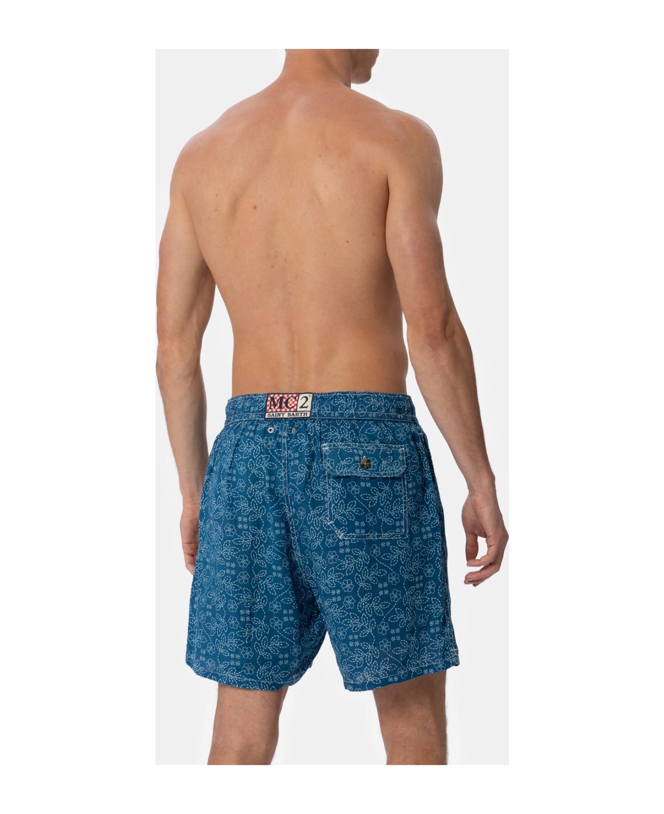 MC2 Saint Barth Man Mid-length Linen Swim-shorts Gustavia With Sashiko Print - BLUE