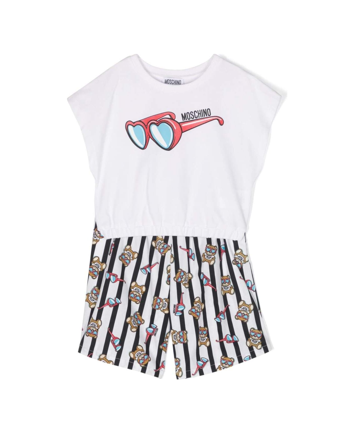Moschino Black And White T-shirt And Shorts Set With Teddy Bear Logo In Stretch Cotton Girl - White