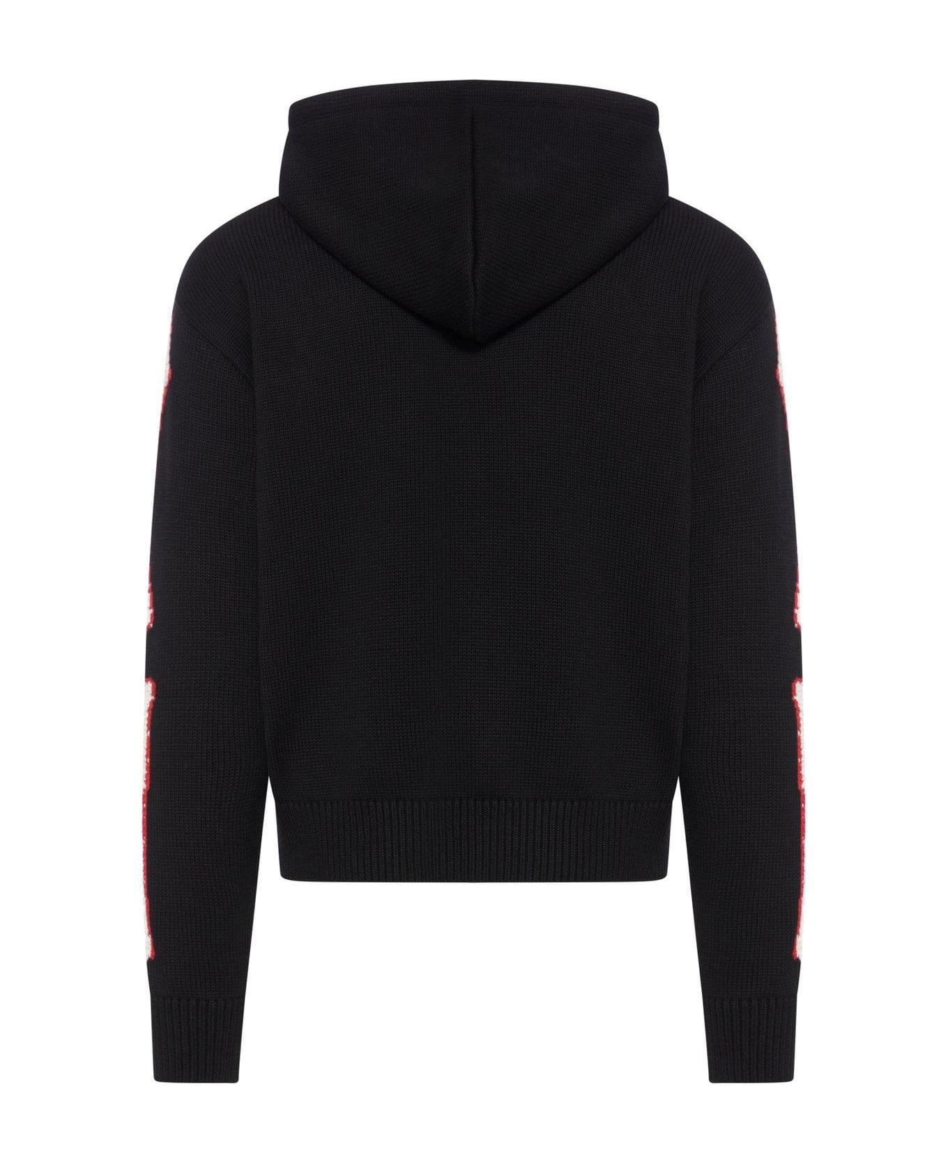 AMIRI Logo Embroidered Drawstring Knitted Hoodie - Black