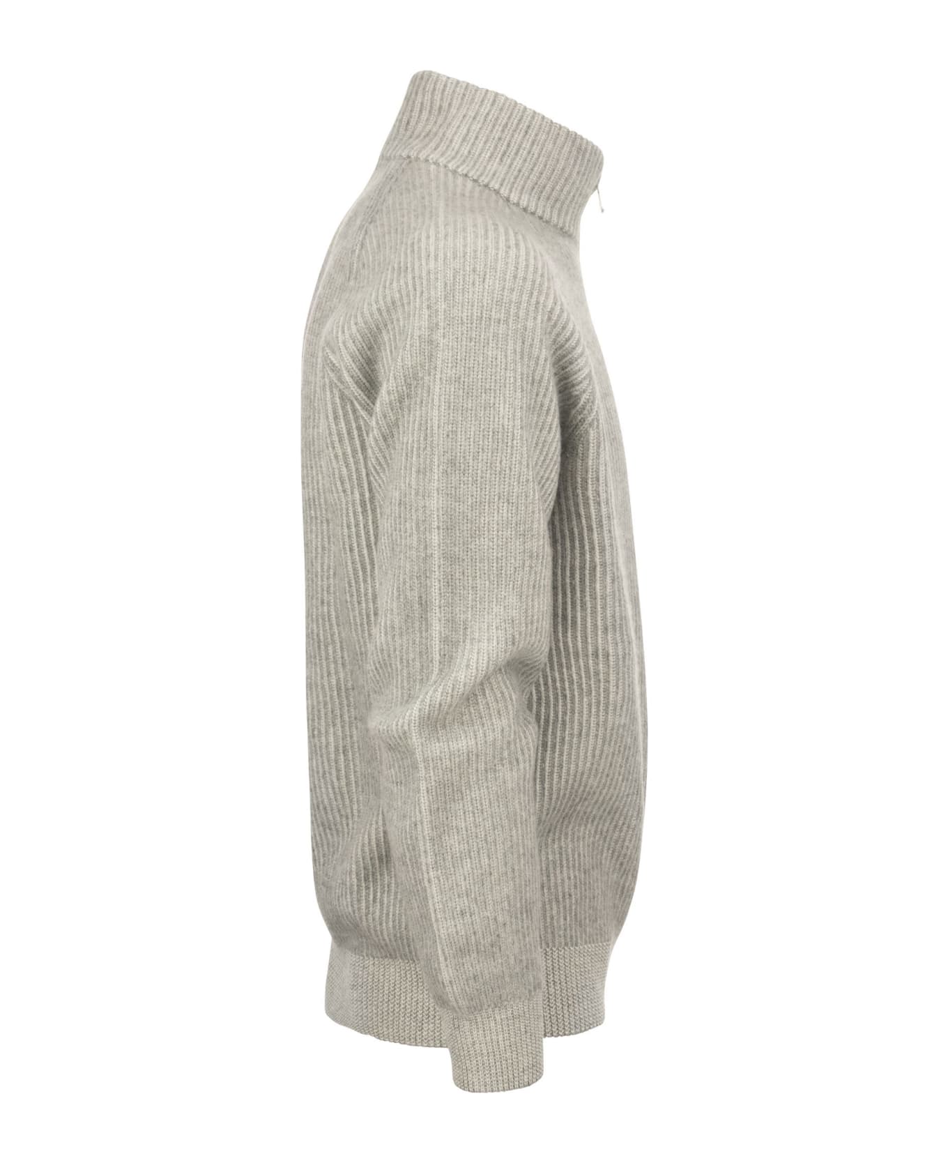 Brunello Cucinelli Zipped Cardigan Sweater With High Vanisè Collar In Cashmere - Grey