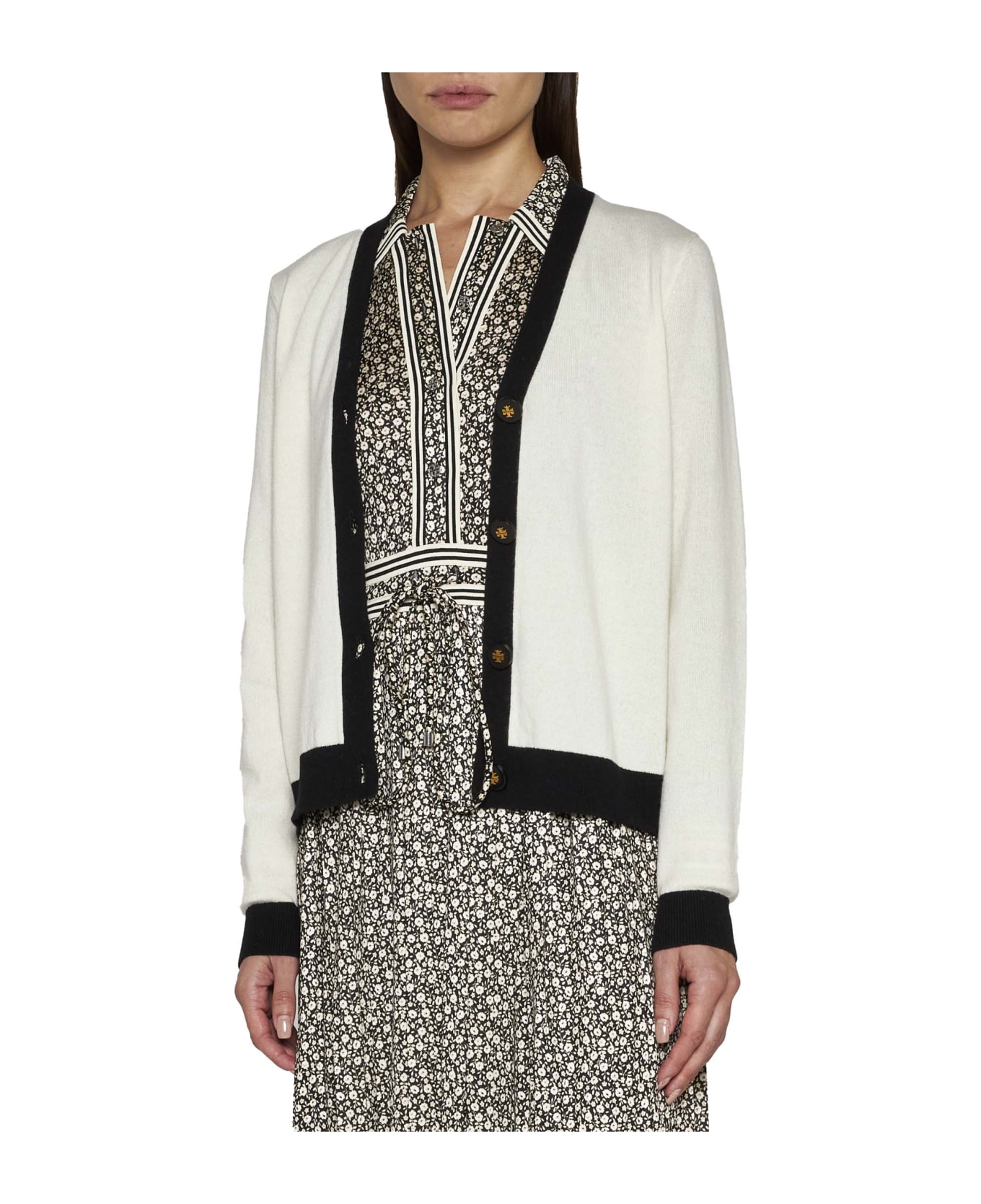 Tory Burch Cardigan With Contrasting Finish - Soft ivory black カーディガン