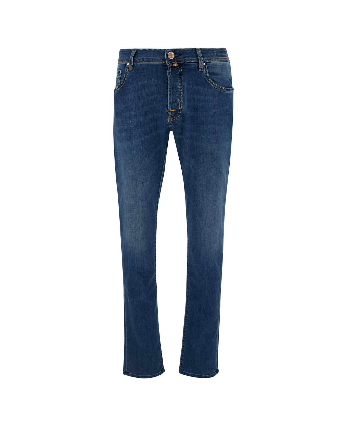 Jacob Cohen Blue Slim Low Waisted Jeans With Patch In Cotton Denim Man Jeans - DENIM MEDIO デニム