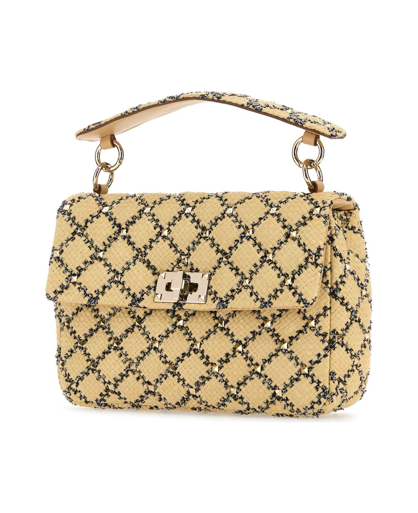 Valentino Garavani Raffia Rockstud Handbag - NATURALENEROSAHARABEIGE