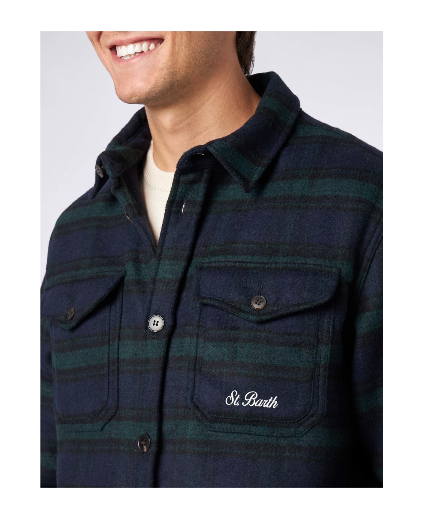 MC2 Saint Barth Man Wooly Tartan Overshirt With Pockets And Patches - BLUE