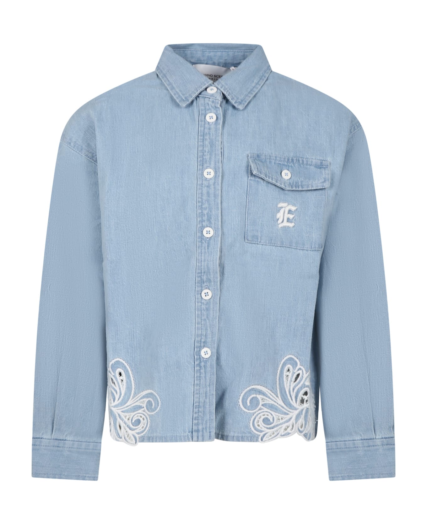 Ermanno Scervino Junior Blue Shirt For Girl With Embroidery And Logo - Denim シャツ