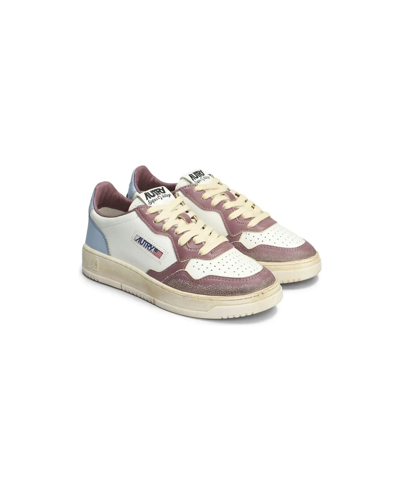 Autry Super Vintage Medalist Low Sneakers In White, Celestial Blue And Taupe Leather - white